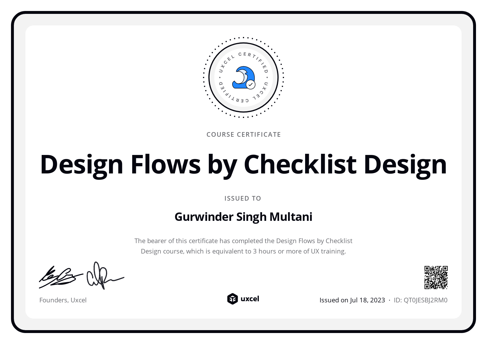 Gurwinder Singh Multani's certificate